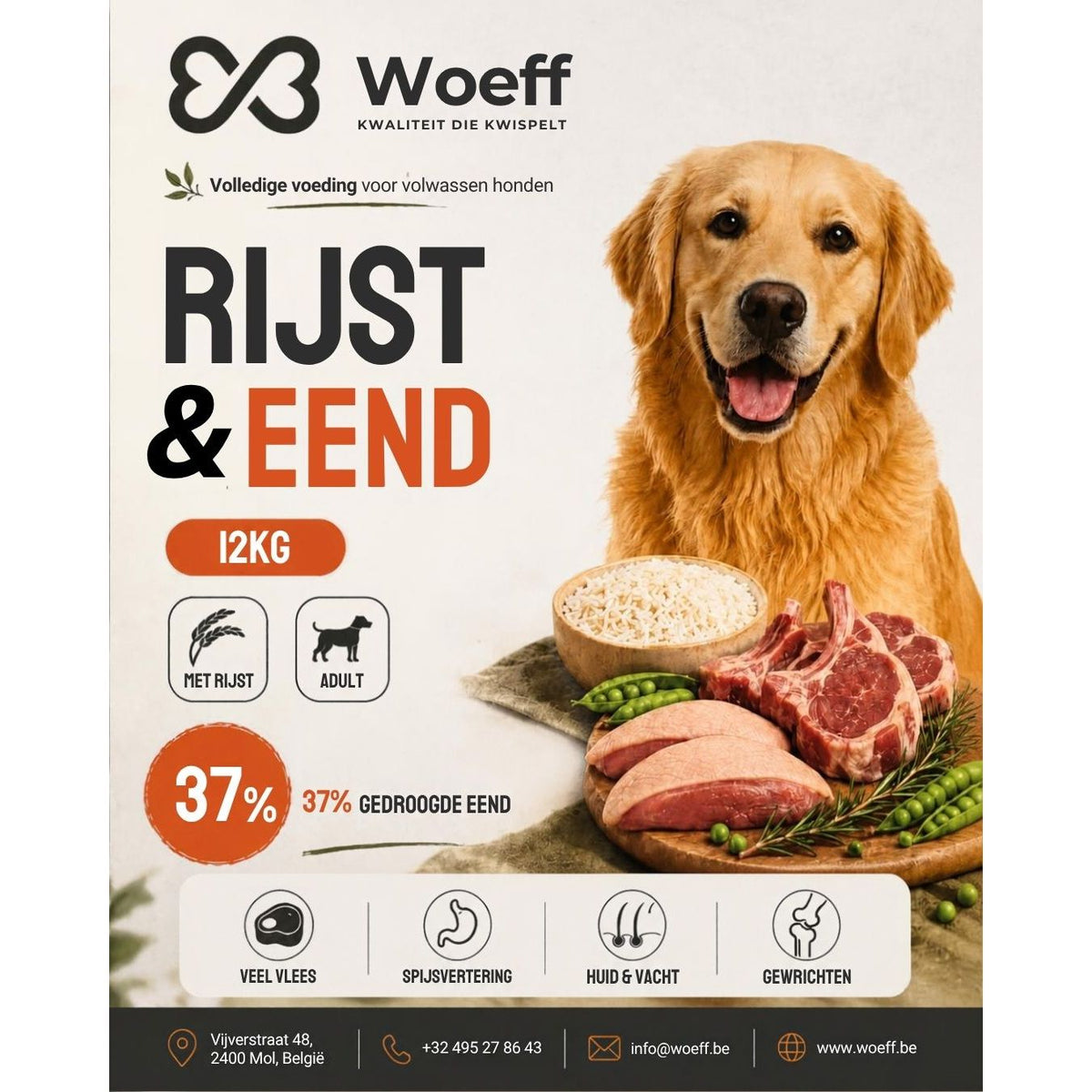 Woeff Glutenvrij - Eend & Rijst – 3/12 kg